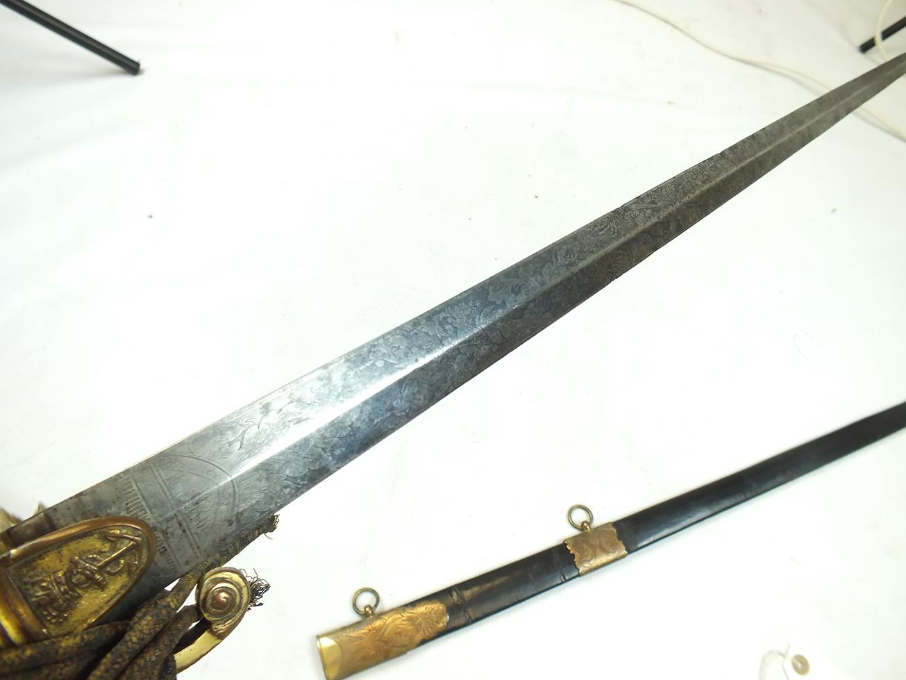 A GEORGIAN NAVAL OFFICER'S DRESS SWORD, 72.5cm flattened diamond section blade etched with scrolling - Image 8 of 21