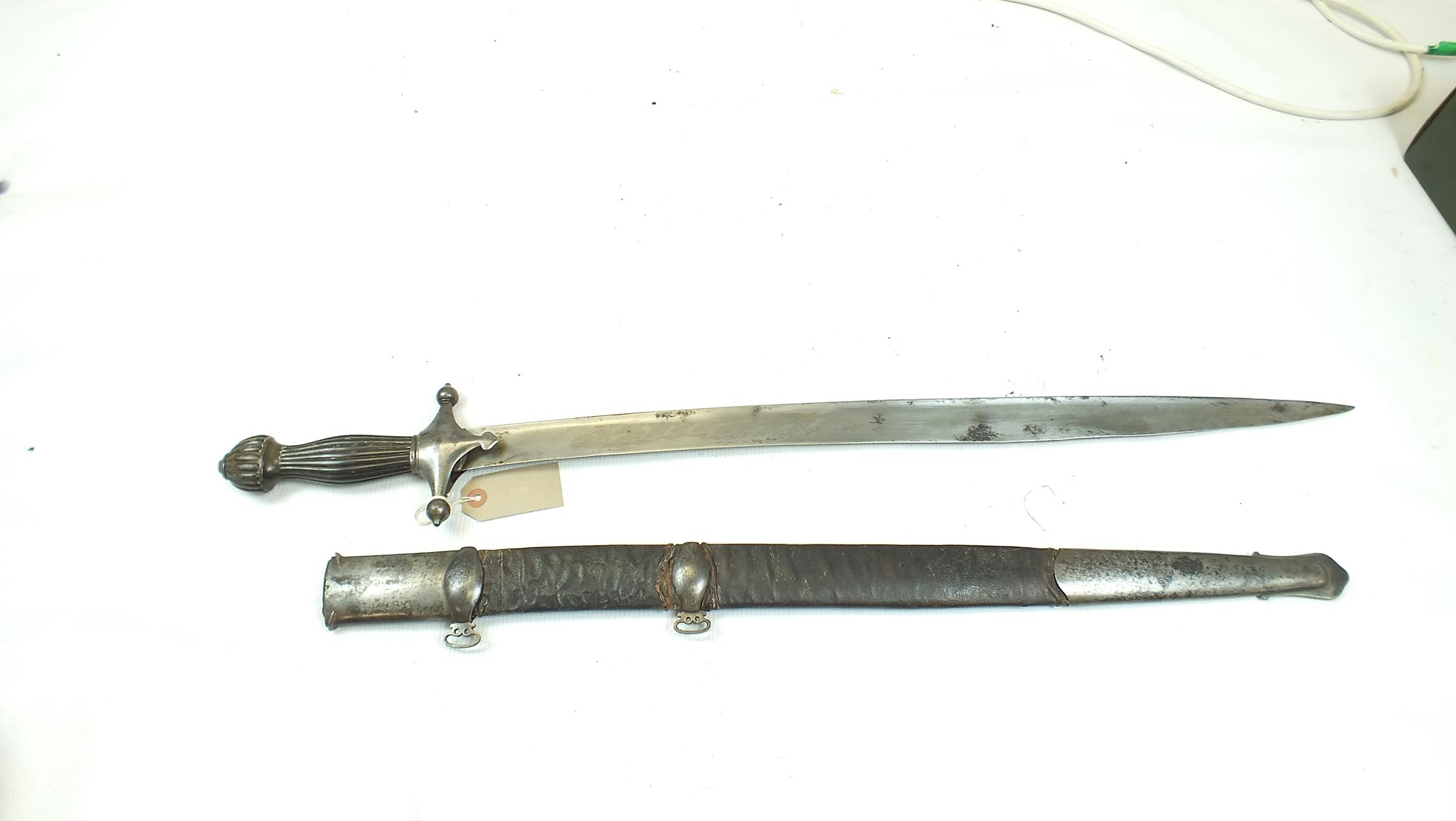 AN UNUSUAL 19TH CENTURY TURKISH SWORD, 68cm watered steel Yataghan form blade, steel hilt with - Image 2 of 15