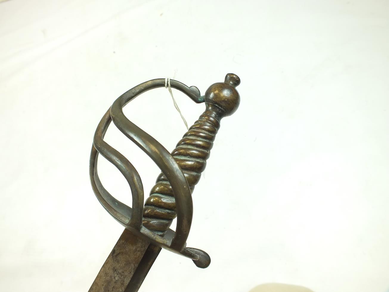 AN 18TH CENTURY STYLE BRASS HILTED INFANTRY HANGER, 62cm sharply curved fullered blade, stamped with - Image 9 of 11