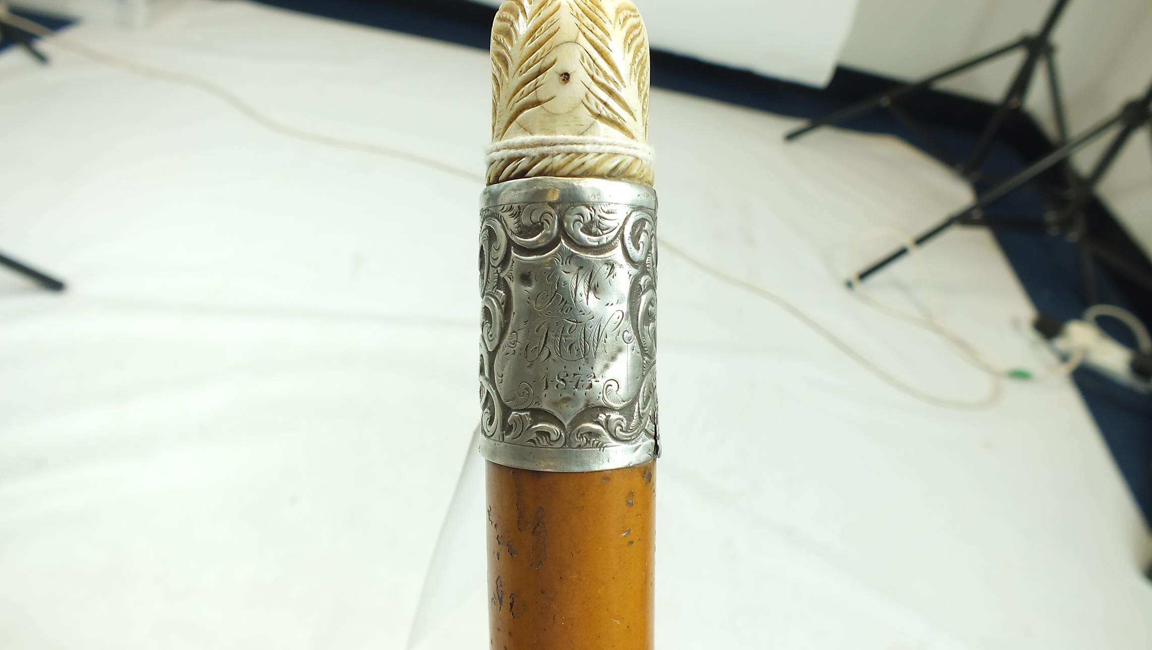 A LATE 19TH CENTURY WALKING STICK, the ivory handle carved as a stylised eagle's head, above white - Bild 3 aus 7