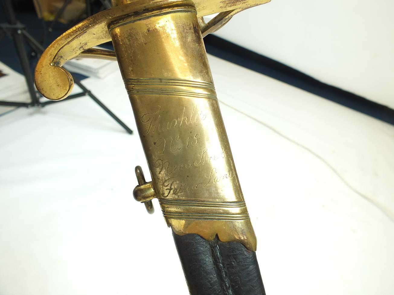 A GEORGIAN LIGHT COMPANY OFFICER'S SWORD, 82.5cm curved blade decorated with stands of arms, crowned - Image 8 of 21