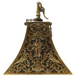 A 17TH CENTURY STYLE ITALIAN BRASS MUSKETEER'S FLASK, the incurved triangular form pierced brass