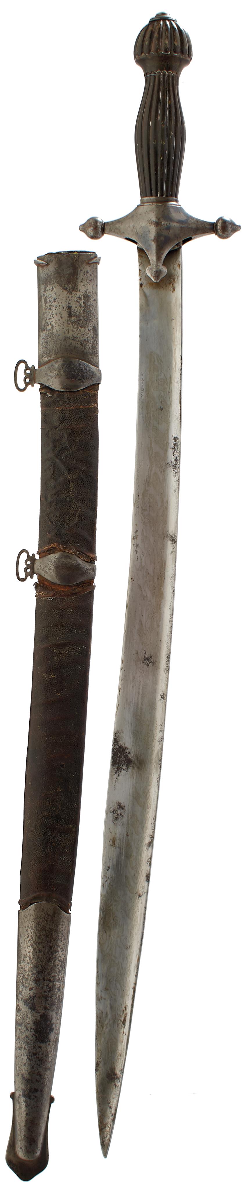 AN UNUSUAL 19TH CENTURY TURKISH SWORD, 68cm watered steel Yataghan form blade, steel hilt with