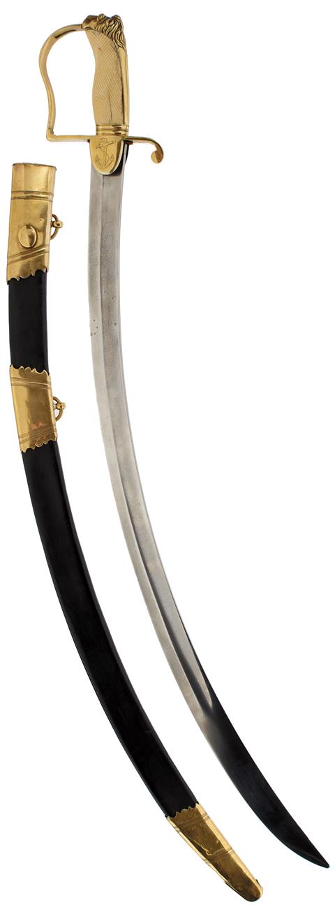 A SCARCE GEORGIAN NAVAL OFFICER'S SABRE BY GIBBENS, 75.5cm sharply curved blade faintly engraved