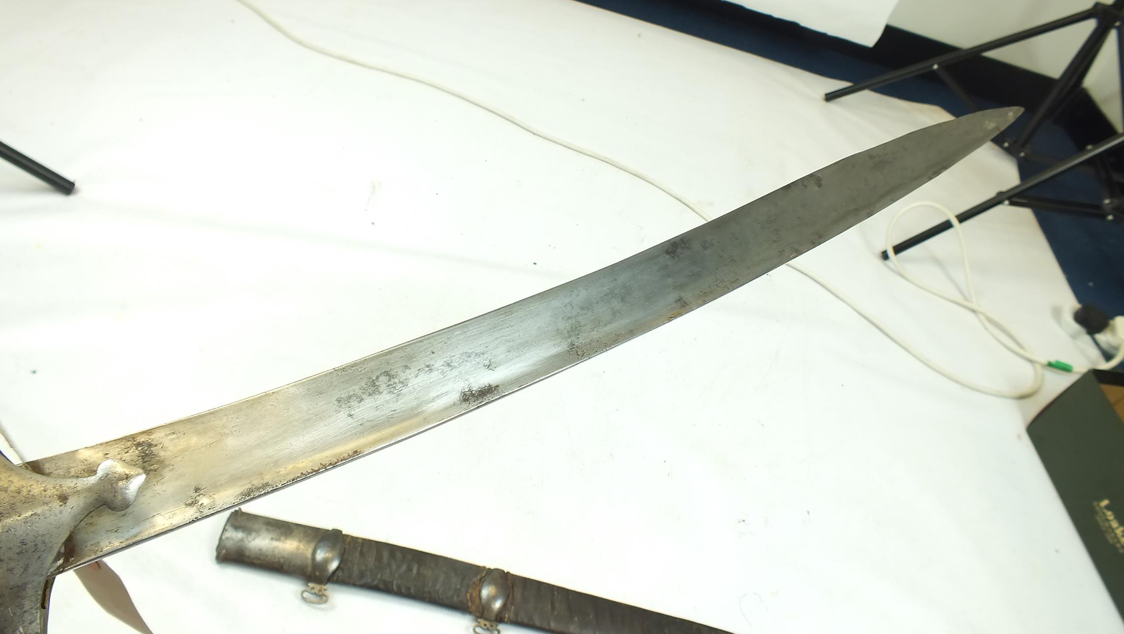 AN UNUSUAL 19TH CENTURY TURKISH SWORD, 68cm watered steel Yataghan form blade, steel hilt with - Image 6 of 15