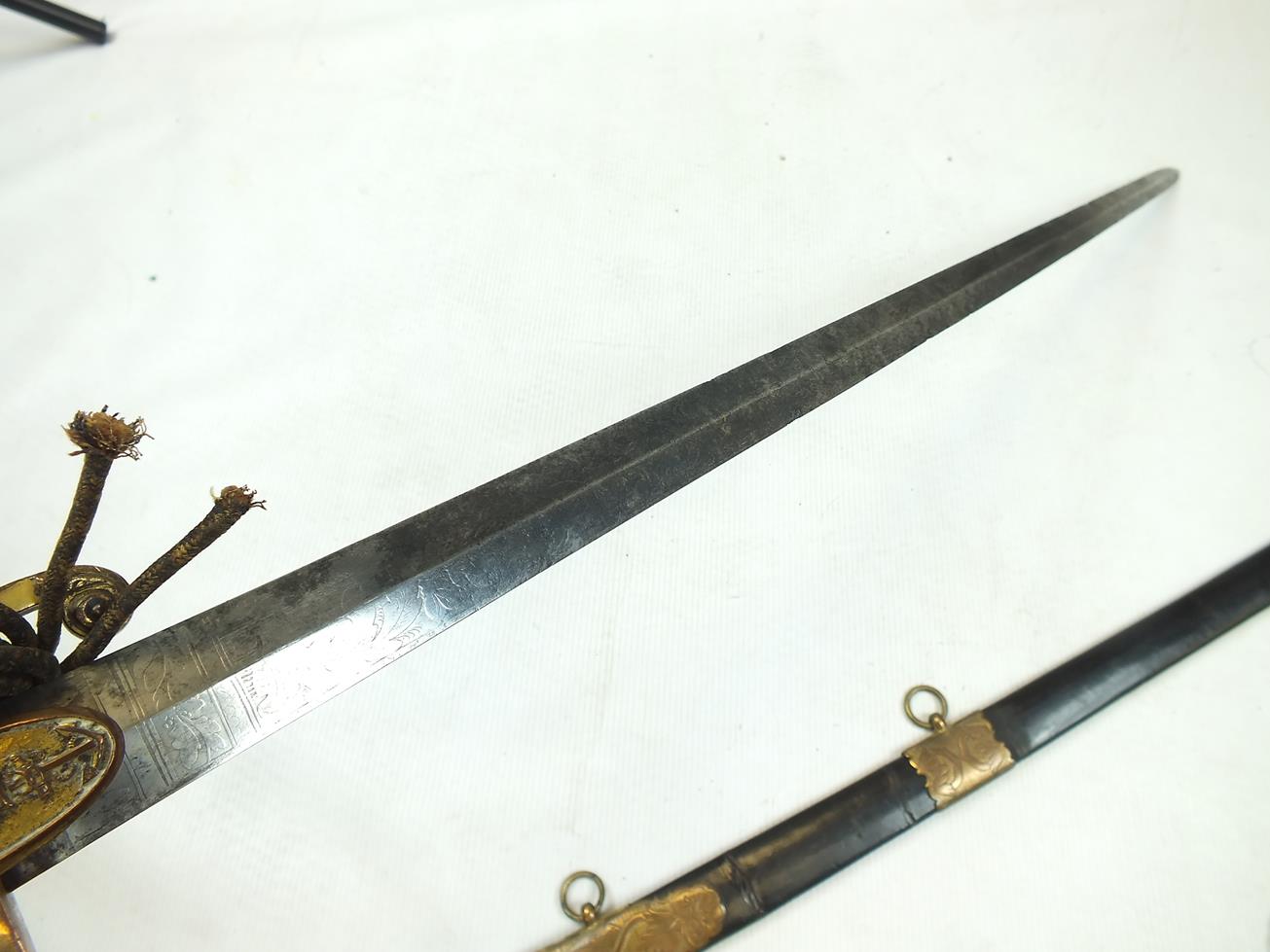 A GEORGIAN NAVAL OFFICER'S DRESS SWORD, 72.5cm flattened diamond section blade etched with scrolling - Image 3 of 21