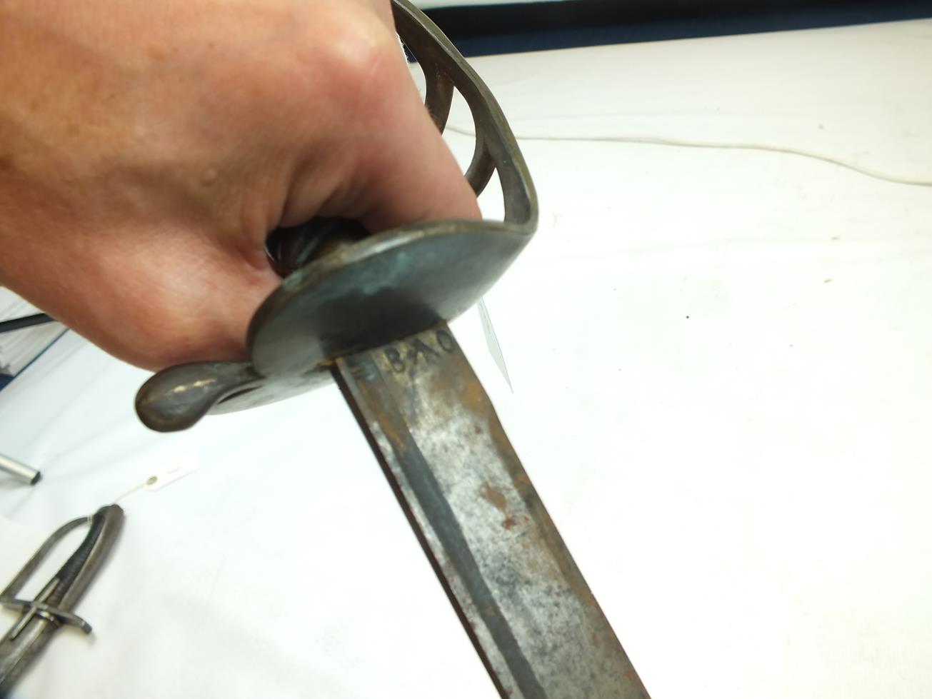 AN 18TH CENTURY STYLE BRASS HILTED INFANTRY HANGER, 62cm sharply curved fullered blade, stamped with - Image 7 of 11