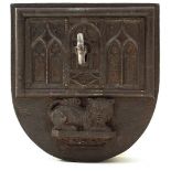 A 17TH CENTURY VENETIAN LOCK BOX, the shield-shaped box of 14.5cm width, 15.5cm height and 7cm deep,