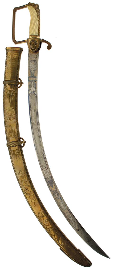 A GEORGIAN OFFICER'S PRESENTATION SWORD OF THE DURHAM MILITIA BY BRUNN, 77cm sharply curved blade,