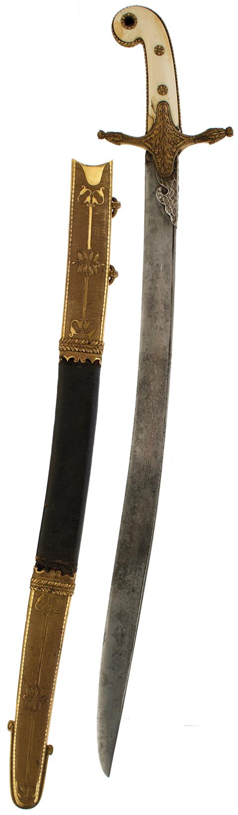 AN HIGHLY UNUSUAL PRESENTATION QUALITY MAMELUKE HILTED DIRK MOUNTED WITH A YATAGHAN BLADE BY SALTER,