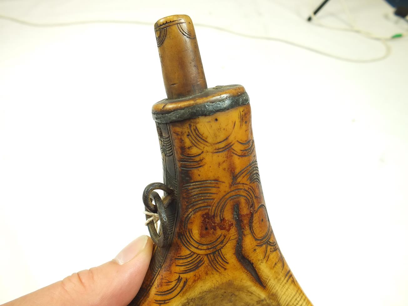 A 17TH CENTURY GERMAN POWDER FLASK, the two-branch stag horn body decorated with panels of geometric - Image 10 of 11