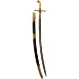 A 19TH CENTURY MAMELUKE, 82.5cm curved blade with clipped back point, characteristic gilt hilt