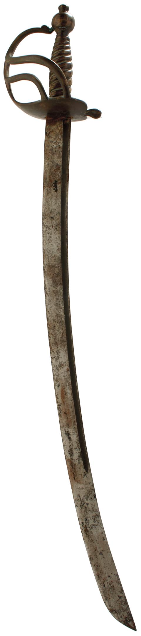 AN 18TH CENTURY STYLE BRASS HILTED INFANTRY HANGER, 62cm sharply curved fullered blade, stamped with