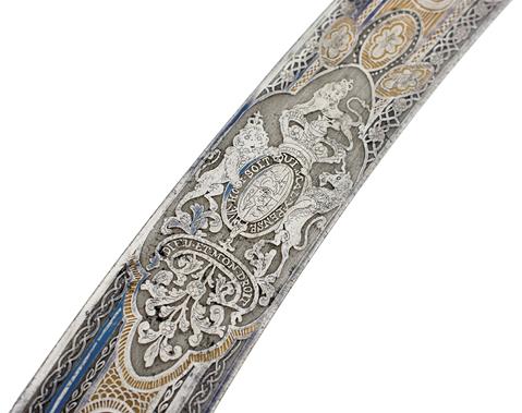 A GEORGIAN OFFICER'S PRESENTATION SWORD OF THE DURHAM MILITIA BY BRUNN, 77cm sharply curved blade, - Image 7 of 23