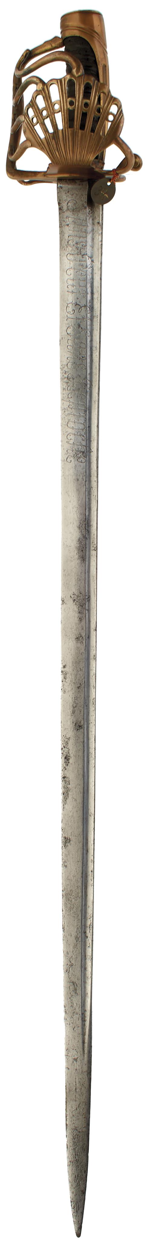 AN 18TH CENTURY FRENCH DRAGOON OFFICER'S SWORD, 89.5cm broad tapering fullered blade etched with the