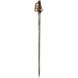 AN 18TH CENTURY FRENCH DRAGOON OFFICER'S SWORD, 89.5cm broad tapering fullered blade etched with the