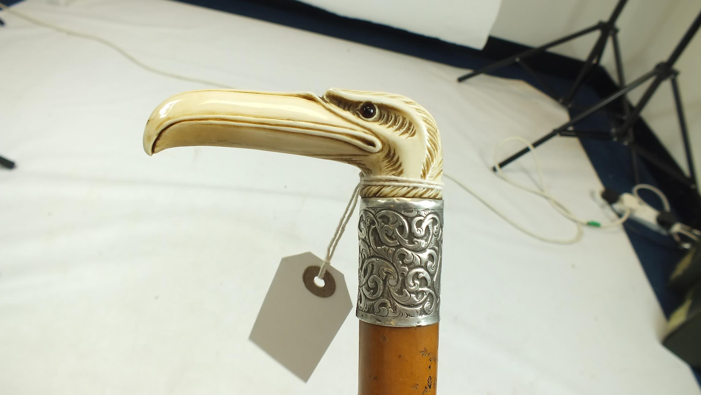 A LATE 19TH CENTURY WALKING STICK, the ivory handle carved as a stylised eagle's head, above white - Bild 5 aus 7