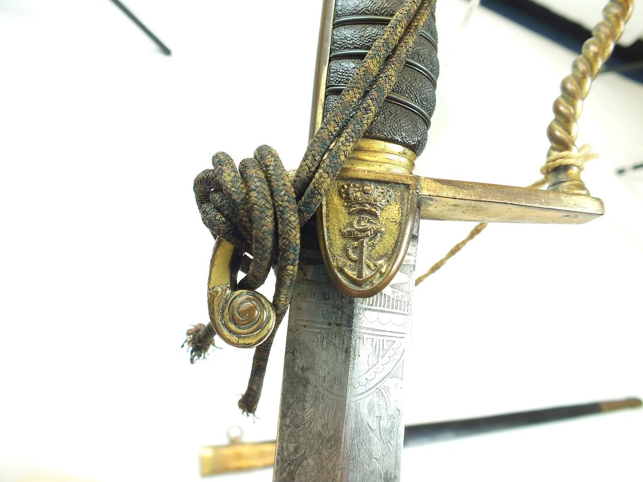 A GEORGIAN NAVAL OFFICER'S DRESS SWORD, 72.5cm flattened diamond section blade etched with scrolling - Image 12 of 21