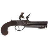 A SCARCE THREE-BARRELLED FLINTLOCK TRAVELLING PISTOL WITH BAYONET, 3.5inch turn-off barrels, the