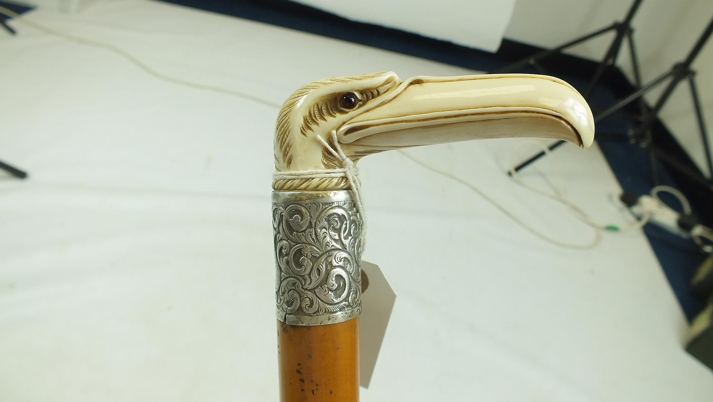 A LATE 19TH CENTURY WALKING STICK, the ivory handle carved as a stylised eagle's head, above white - Bild 4 aus 7