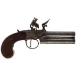 A 54-BORE FLINTLOCK BOXLOCK OVER AND UNDER POCKET PISTOL BY RICHARDS, 3inch turn-off barrels, border