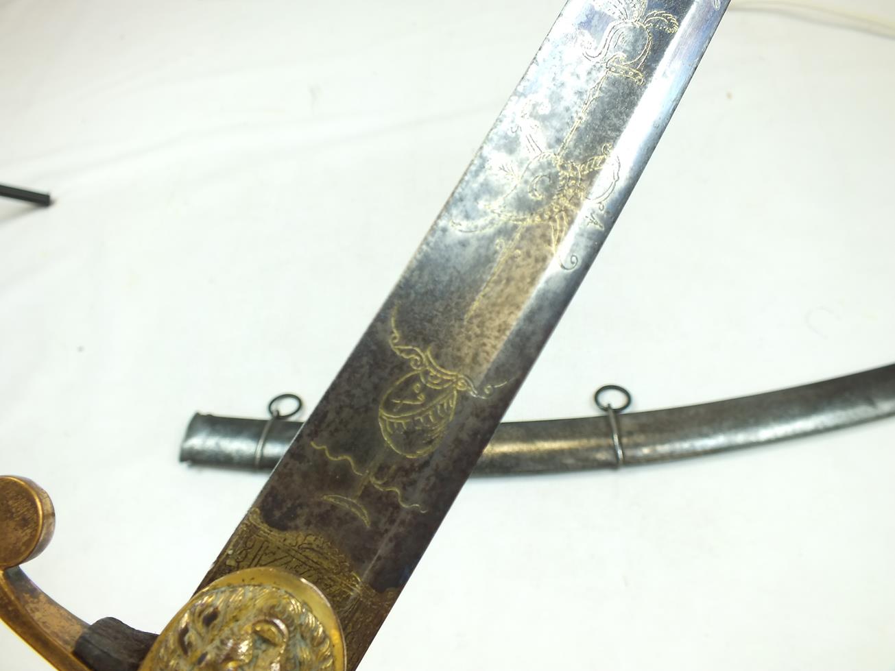 A GEORGIAN CAVALRY SABRE, 82.5cm curved blade decorated with stands of arms, crescent motifs, a - Image 4 of 15