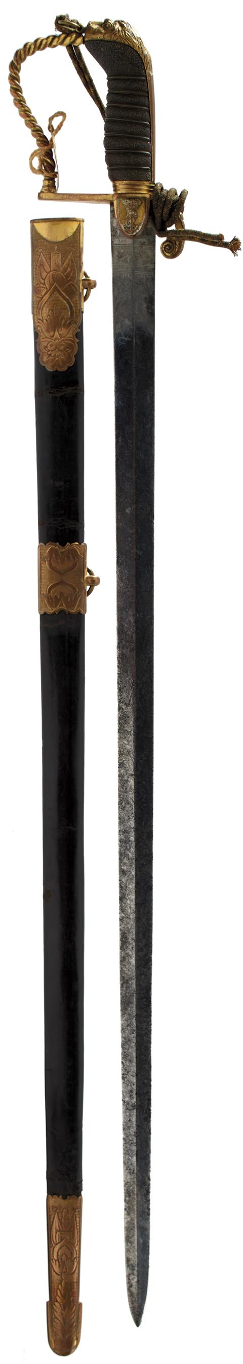 A GEORGIAN NAVAL OFFICER'S DRESS SWORD, 72.5cm flattened diamond section blade etched with scrolling