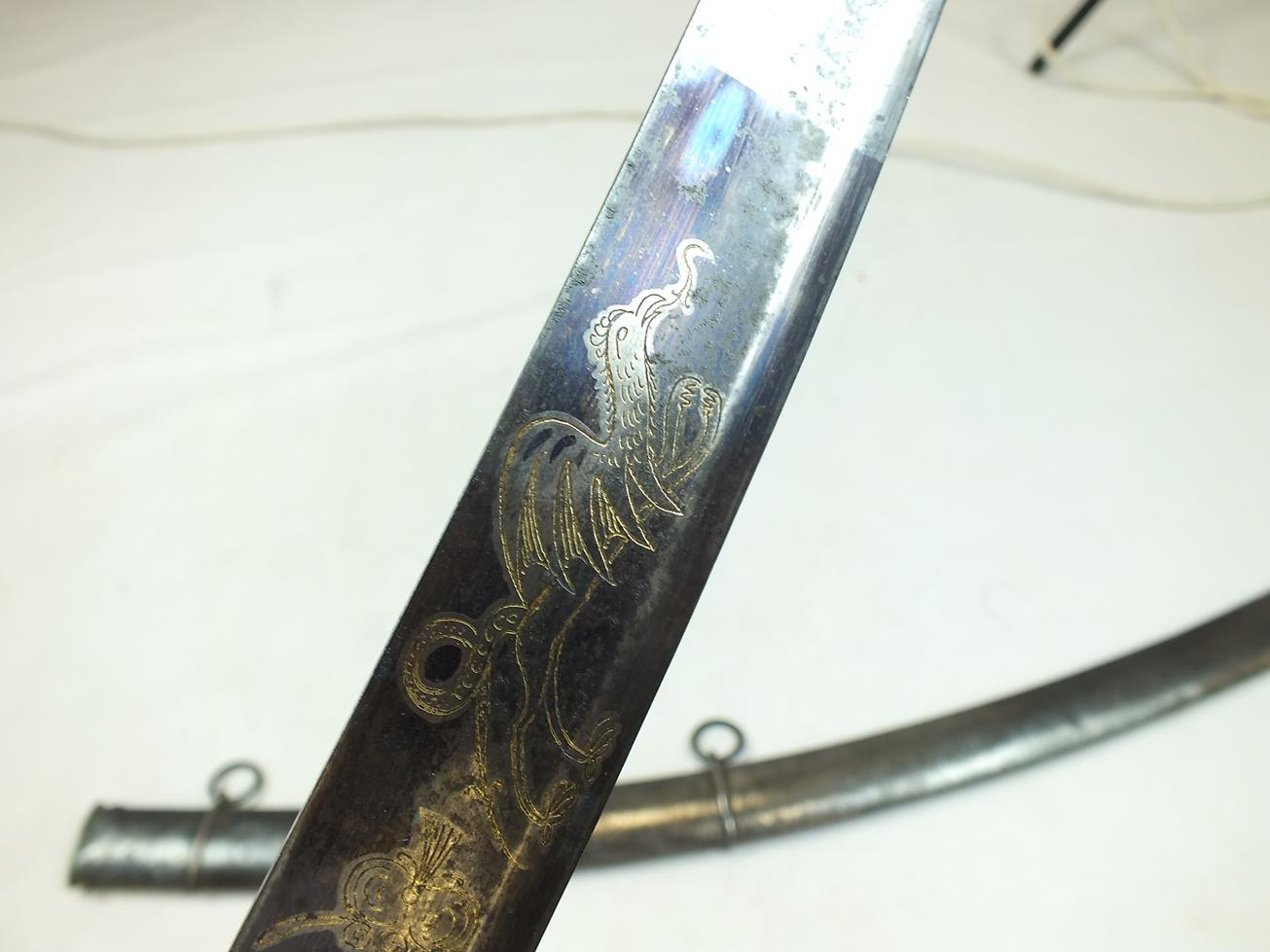 A GEORGIAN CAVALRY SABRE, 82.5cm curved blade decorated with stands of arms, crescent motifs, a - Image 6 of 15