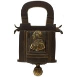 A FRENCH PUZZLE PADLOCK, of 24cm height, 16cm width and 8cm depth, the stepped front with hinged