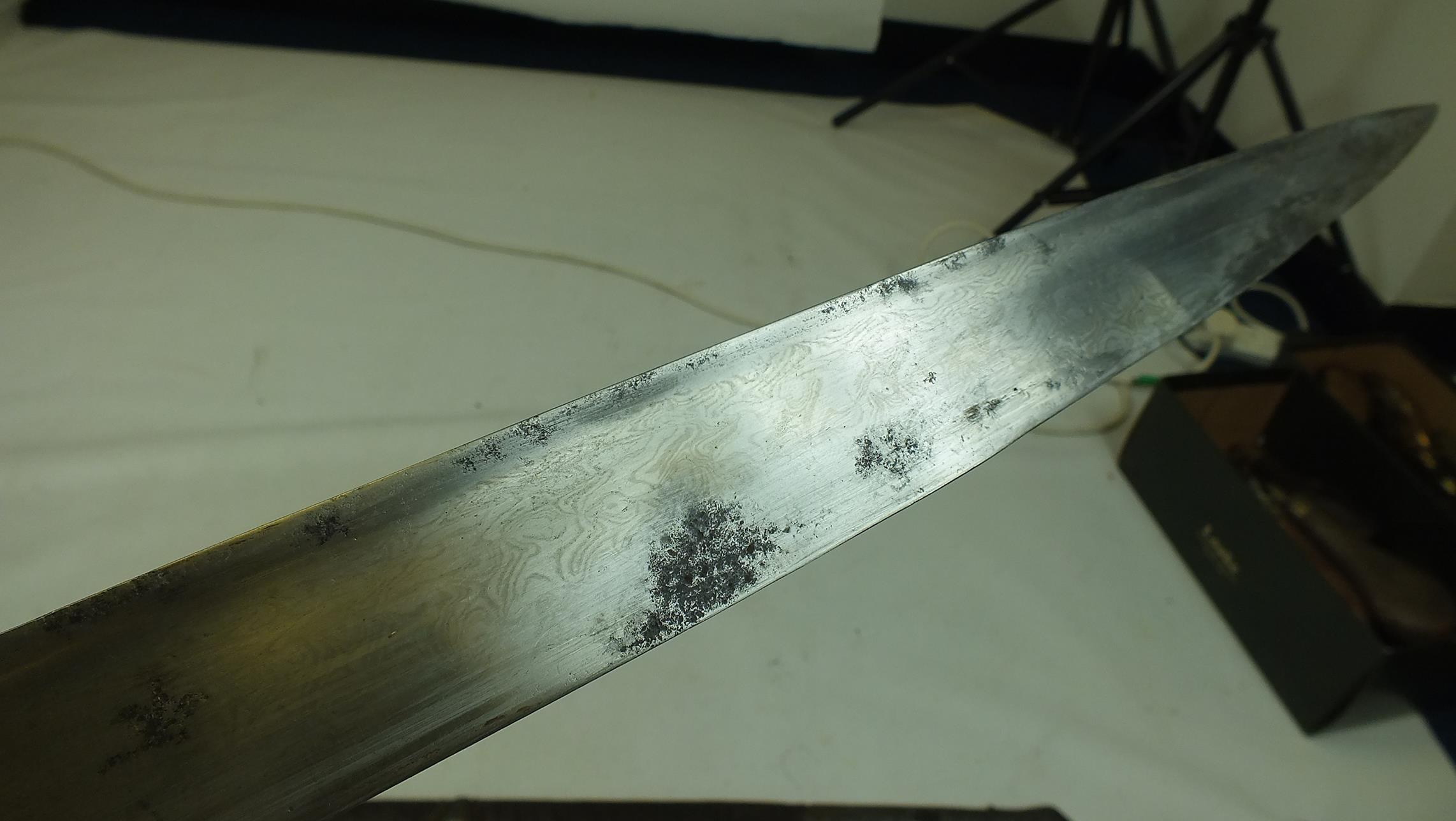 AN UNUSUAL 19TH CENTURY TURKISH SWORD, 68cm watered steel Yataghan form blade, steel hilt with - Image 4 of 15
