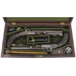 A CASED PAIR OF 22-BORE PERCUSSION DUELLING PISTOLS BY THOMAS REYNOLDS OUT OF JOSEPH MANTON, 8.5inch