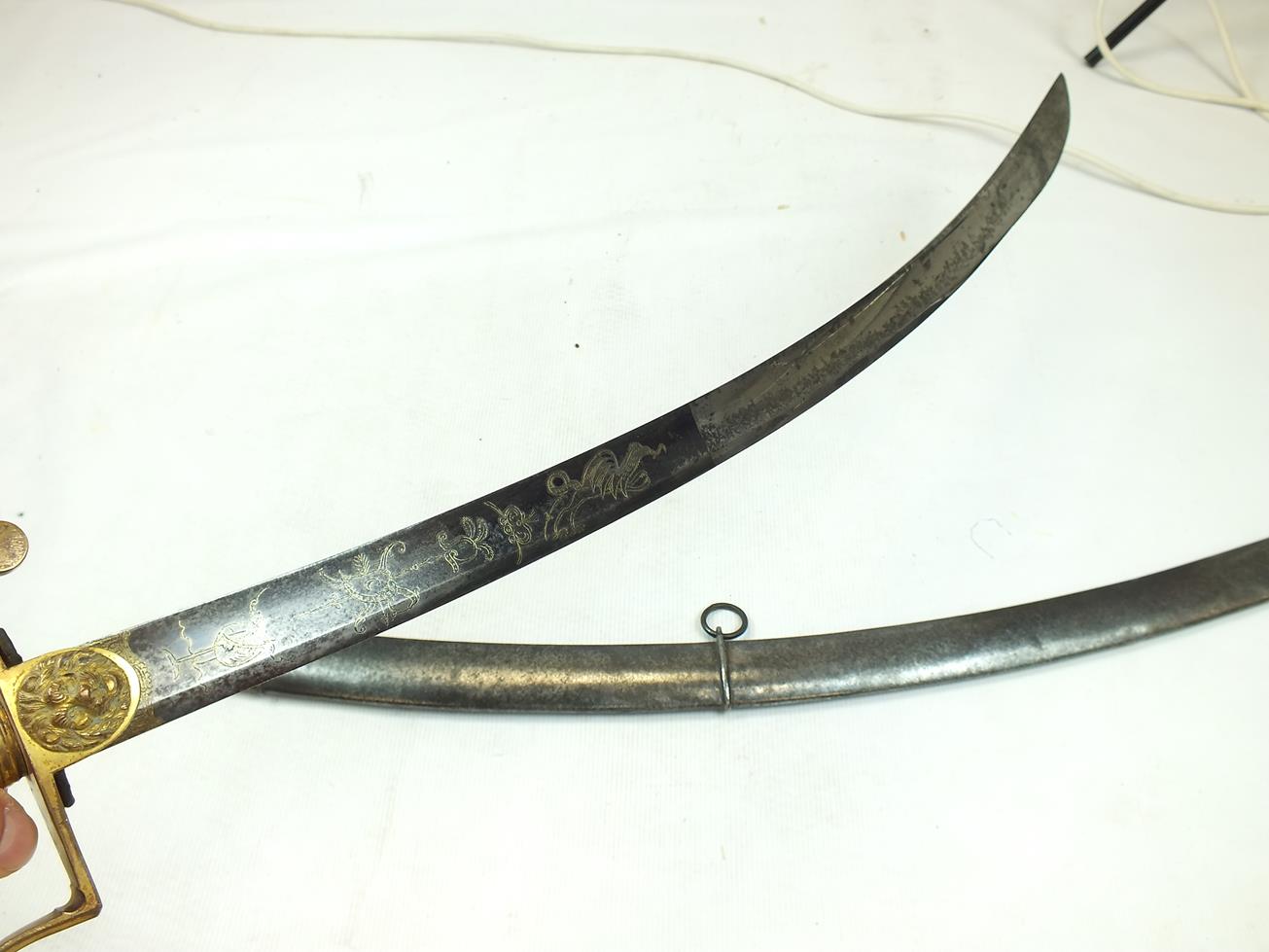 A GEORGIAN CAVALRY SABRE, 82.5cm curved blade decorated with stands of arms, crescent motifs, a - Image 3 of 15