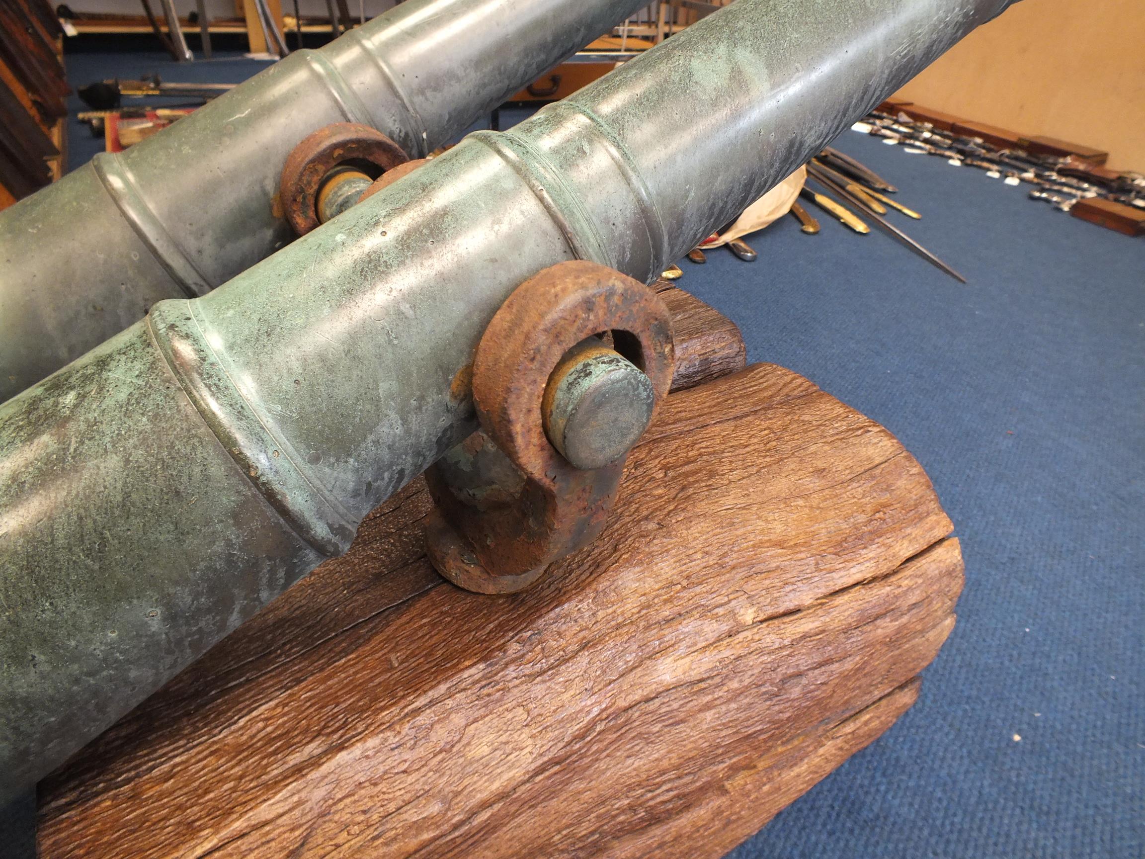 A PAIR OF AMERICAN SWIVEL MOUNTED BRONZE CANNON, 35.75inch five-stage barrels with swollen 15/ - Image 11 of 20