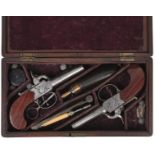 A LATER CASED PAIR OF 50-BORE PERCUSSION BOXLOCK POCKET PISTOLS, 1.75inch turn-off barrels, border