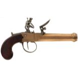 A 32-BORE BELGIAN BRASS FLINTLOCK BOXLOCK POCKET PISTOL, 4inch octagonal barrel with bold ring