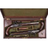 A CASED PAIR OF 25-BORE FLINTLOCK DUELLING PISTOLS BY ROBERT WOGDON, 9inch sighted octagonal barrels