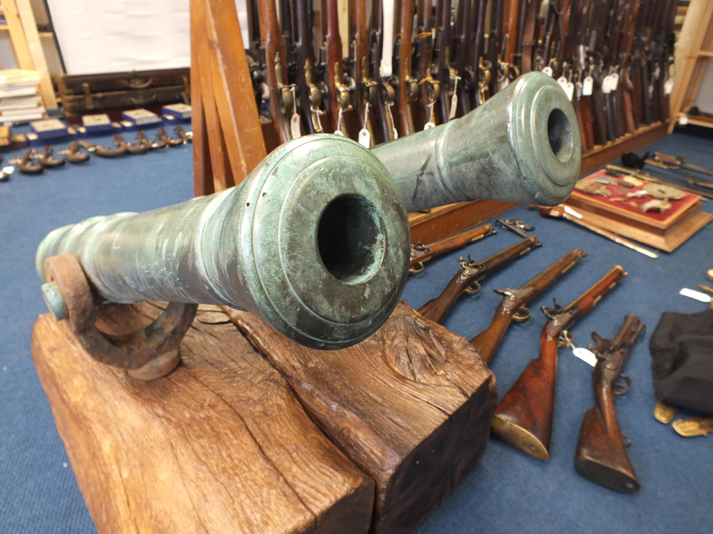 A PAIR OF AMERICAN SWIVEL MOUNTED BRONZE CANNON, 35.75inch five-stage barrels with swollen 15/ - Image 8 of 20