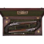 A CRISP CASED PAIR OF 25-BORE PERCUSSION DUELLING PISTOLS BY H. W. MORTIMER, 9.75inch sighted