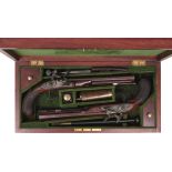 A CASED PAIR OF 28-BORE FLINTLOCK DUELLING PISTOLS BY BARTON, 9.75inch sighted octagonal damascus