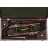 A CASED PAIR OF CRISP 32-BORE FLINTLOCK DUELLING PISTOLS BY WALLIS OF HULL, 9.25inch sighted barrels