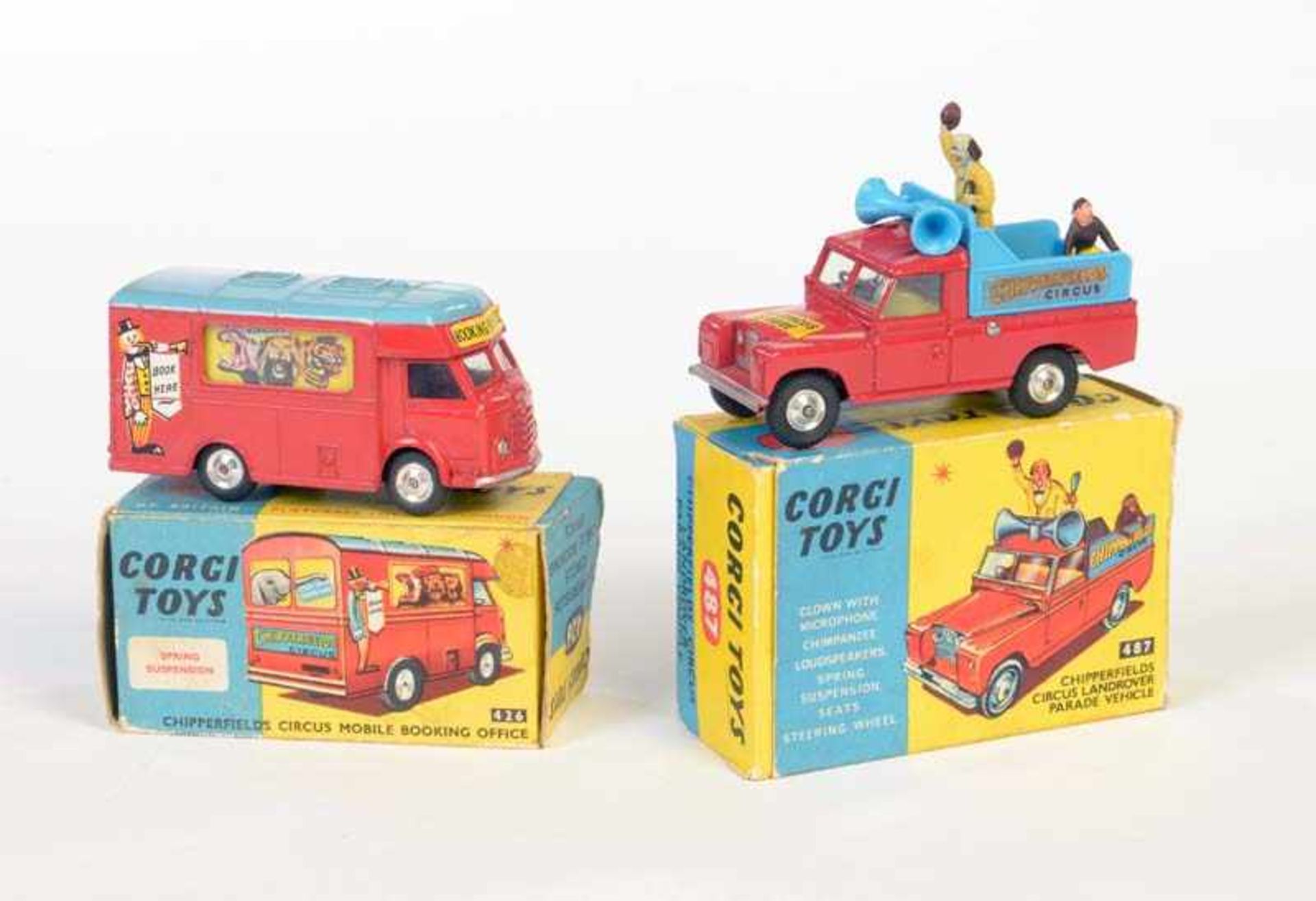 Corgi Toys, Zirkus Kassen Wagen + Reklame Wagen, England, 1:43, Druckguss, Kassenwagen mit LM, Okt Z