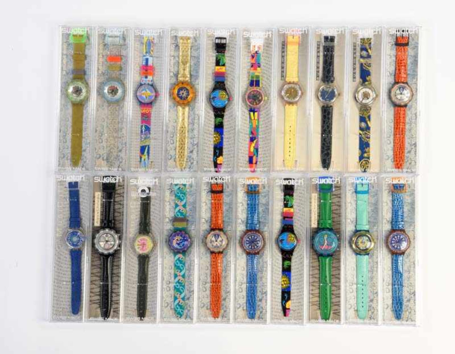 Swatch, 20 verschiedene Herrenuhren, Swiss made, OVP, unbenutzte Sammlerstuecke Swatch, 20 several
