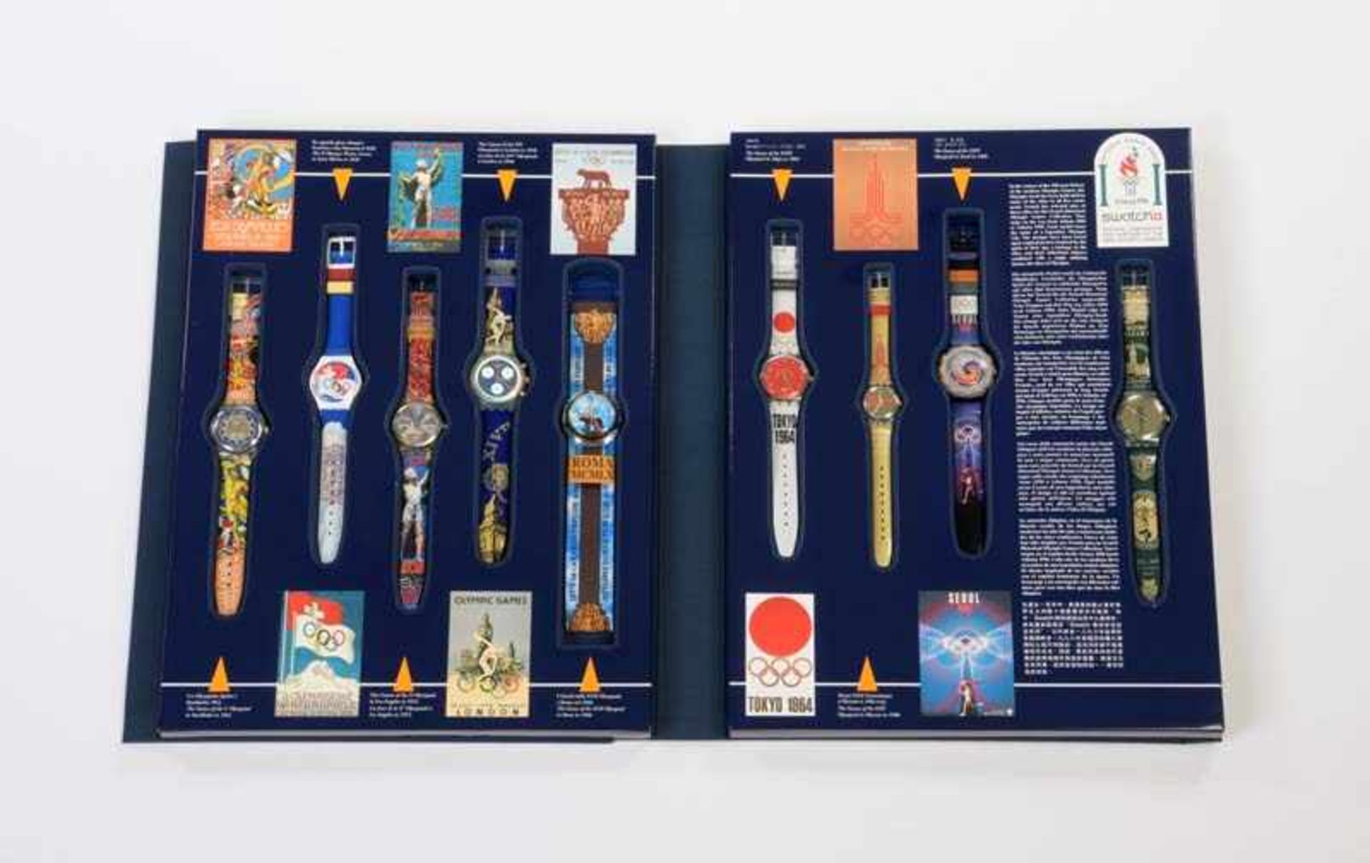Swatch, Historical Olympic Games Collection 9 Uhren, Swiss made, Box 41x31 cm, Okt Z 1, Z 1