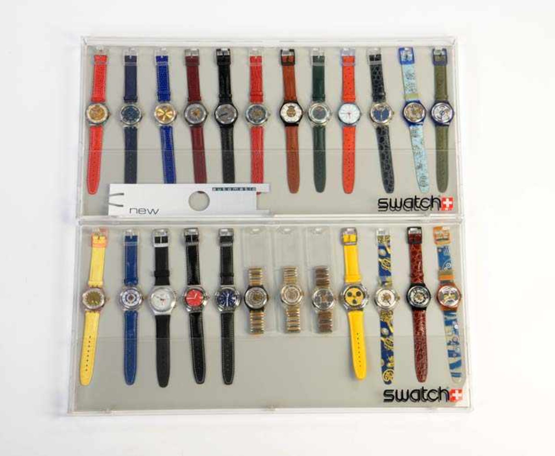 Swatch, 2 Displays mit 24 Uhren, Swiss made, neuwertig Swatch, 2 Displays with 24 Watches, Swiss