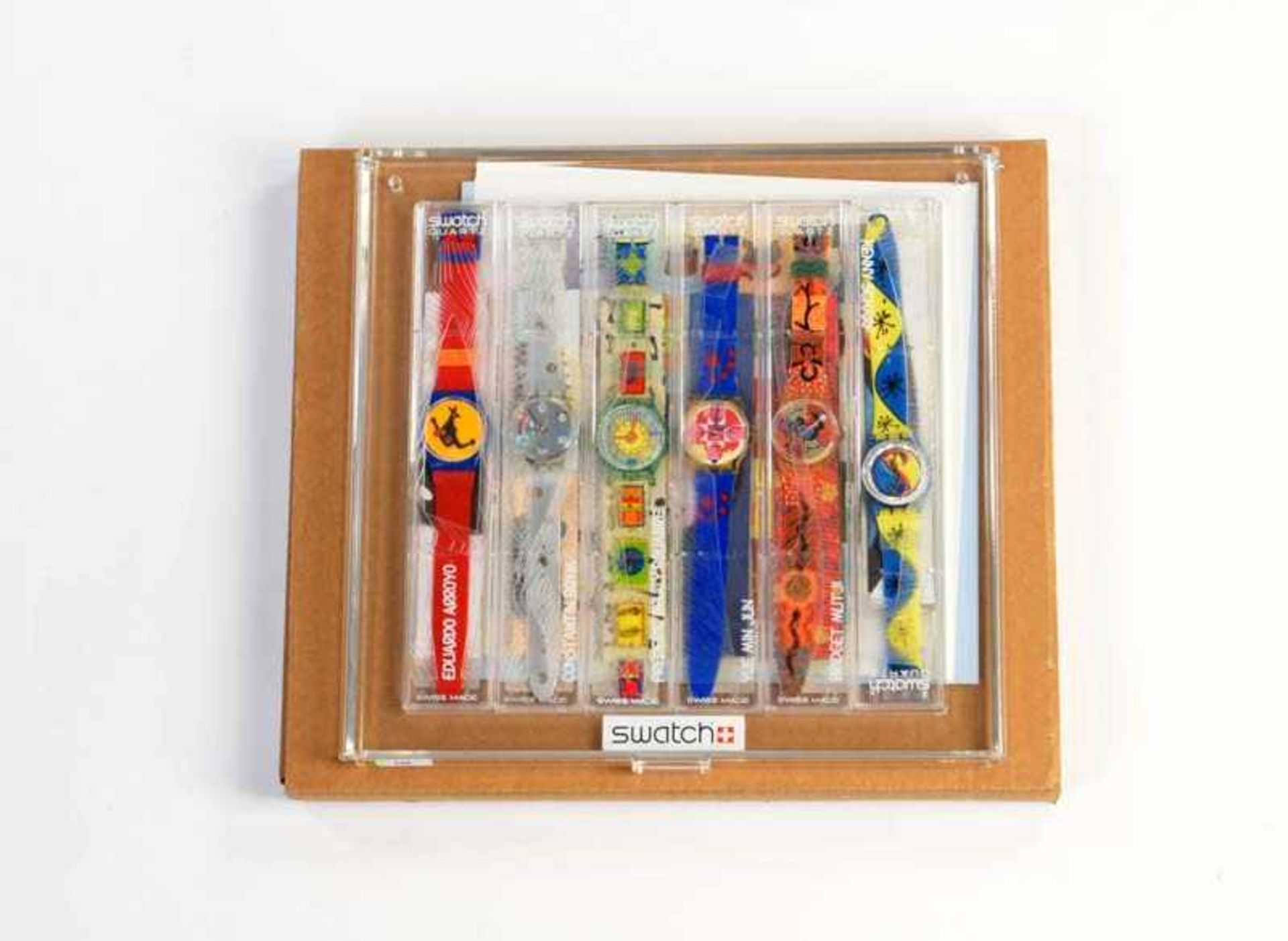 Swatch, Artist Set 6 Uhren, Swiss made, Box 30x29 cm, Okt Z 1, Z 1 Swatch, Artist Set 6 Watches,