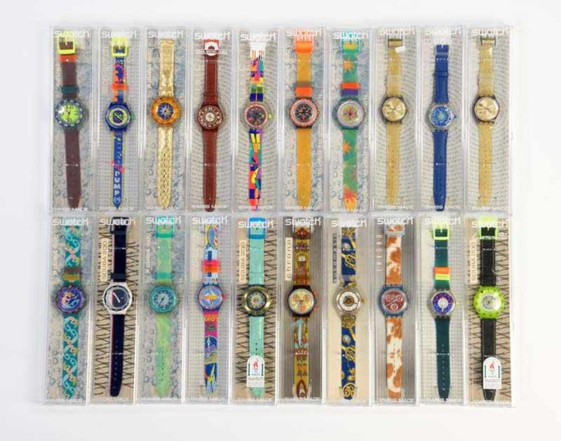 Swatch, 20 verschiedene Herrenuhren, Swiss made, OVP, unbenutzte Sammlerstuecke Swatch, 20 several