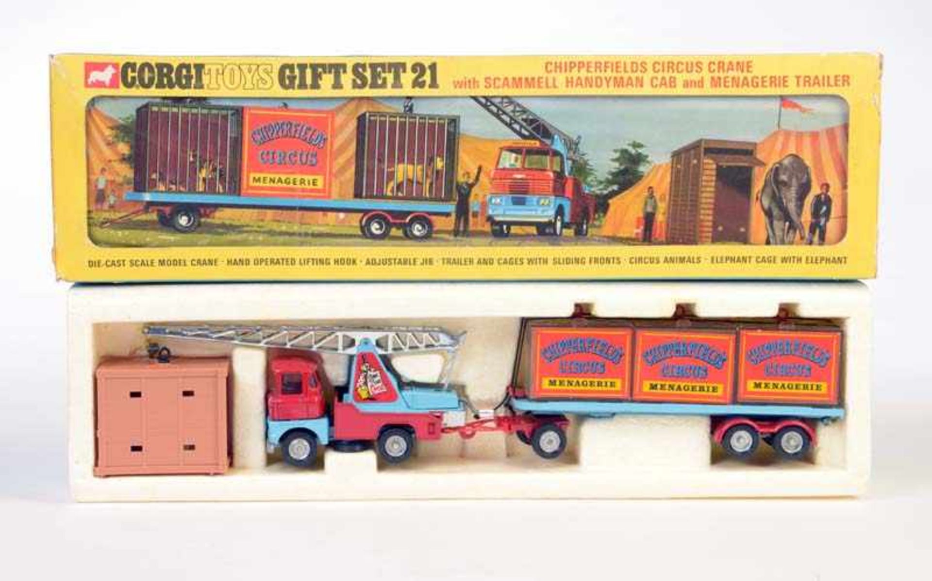 Corgi Toys, Geschenk Set No 21 Zirkus Kran + Loewen Transporter + Elefantenbox, England, 1:43,
