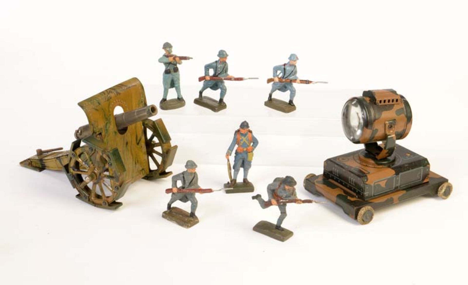Lineol, 6 Soldaten, Tippco Scheinwerfer + Marklin Kanone, Germany VK, 7 cm, guter Zustand Lineol,