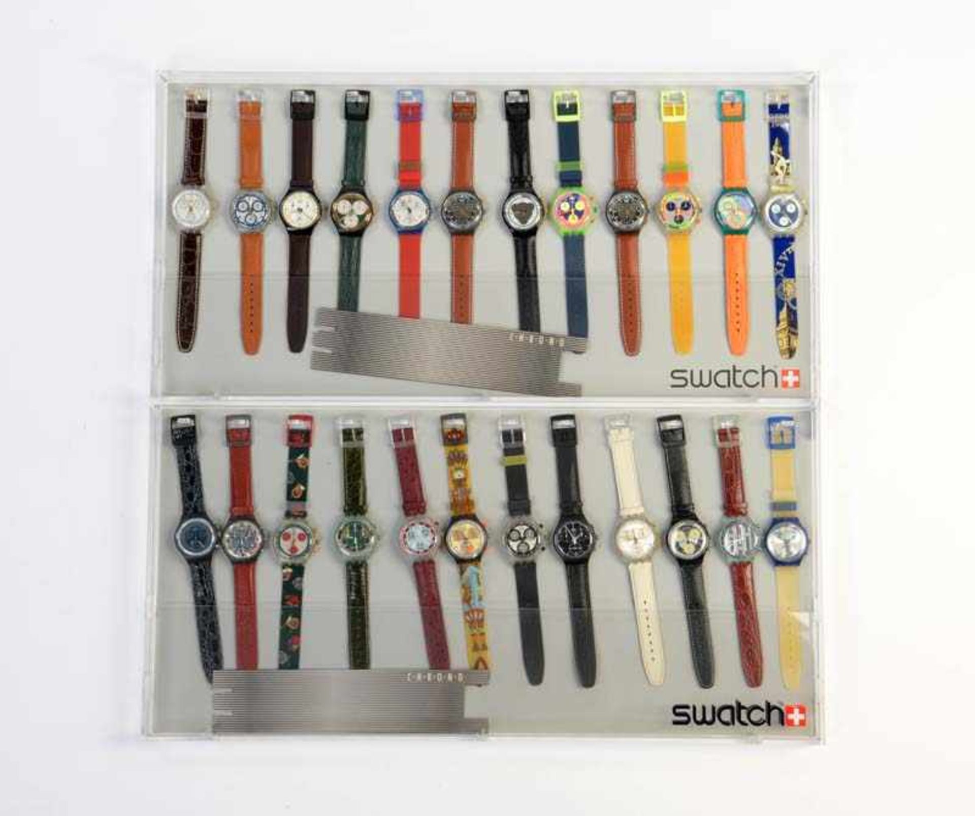 Swatch, 2 Displays mit 24 Uhren, Swiss made, neuwertig Swatch, 2 Displays with 24 Watches, Swiss