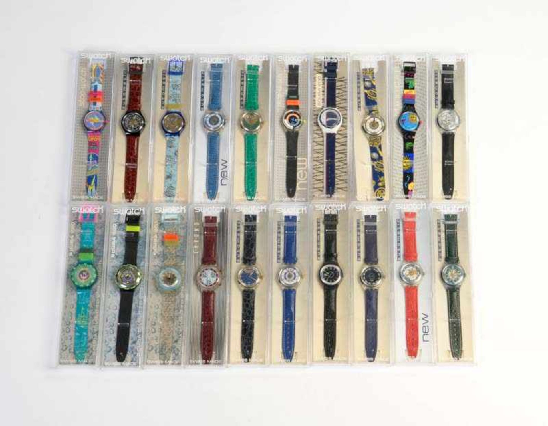Swatch, 20 verschiedene Herrenuhren, Swiss made, OVP, unbenutzte Sammlerstuecke Swatch, 20 several